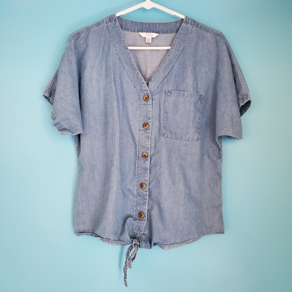 Time And Tru Size Small Tie Front Chambray Top - Picture 1 of 5